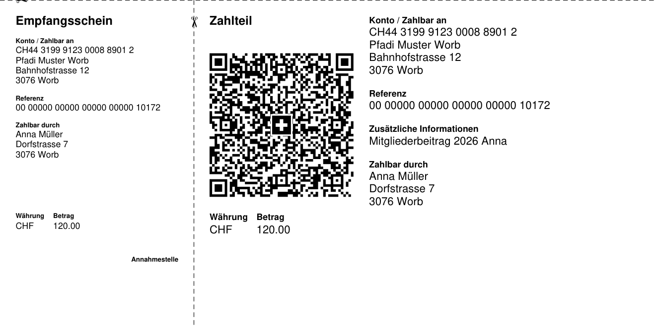 Beispiel eines QR-Zahlteils mit Empfangsschein, erstellt mit QR-Bill Batch